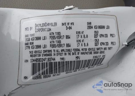 2004 Dodge Durango Limited from USA, damaged, VIN 1D4HB58D24F193744